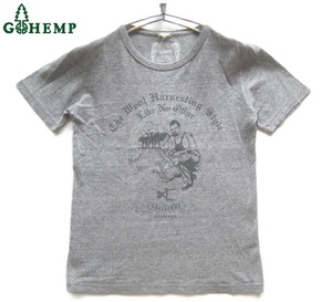 美品!!GOHEMP ゴーヘンプ*麻20% アメカジライクプリント ヘンプコットンTシャツ XS グレー