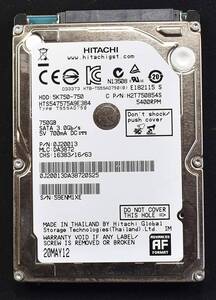 HITACHI HTS547575A9E384 [750GB 2.5インチ 9.5mm SATA HDD 2012年製 使用時間 7509H (Cristal DiscInfo 正常) (管:KH329