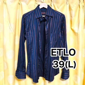 ETRO ネイビー ブラウン ストライプ ドレスシャツ 39 Ｌ　エトロ 長袖　コットン