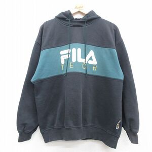 XL/古着 フィラ FILA 長袖 スウェット パーカー メンズ 90s ビッグロゴ 刺繍 黒他 ブラック 24jan17 中古 スエット トレーナー トップ