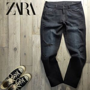 ☆ZARA MAN ザラ☆BOYFRIEND FIT クラッシュ加工 ストレッチ ブラック デニム パンツ W36 S859