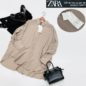 未使用品 /M/ ZARA ベージュ オーバーサイズ長袖カラーシャツ レディース タグ カジュアル トップス フェミニン 大人可愛い デイリー ザラ