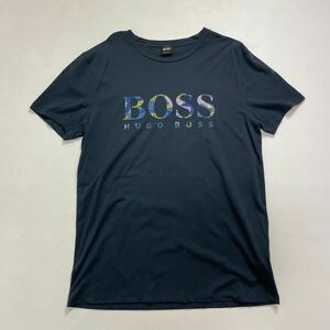 69 BOSS HUGO BOSS ヒューゴ ボス クルーネック 半袖 Tシャツ サイズL ビッグロゴプリント ネイビー 紺 40531AAD