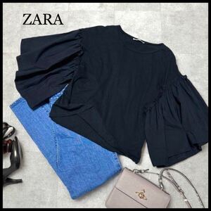 ZARA TRF Tシャツ フレア袖 可愛いボリューム袖 ミドル丈 異素材ドッキング ブラックS