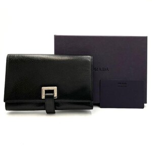 仙15 PRADA レザー 三つ折り 財布 85 ブラック シルバー金具 箱付き プラダ ウォレット 札入れ 小銭入れ 黒