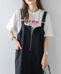 ボンジュールサガン　LE REVE立体ロゴ刺繍Tシャツ　ホワイト×レッド