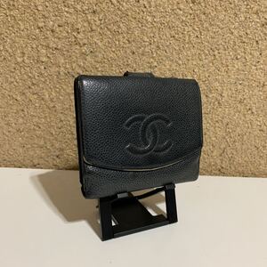 CHANEL シャネル ココマーク キャビアスキン Wホック 二つ折り財布 ブラック系