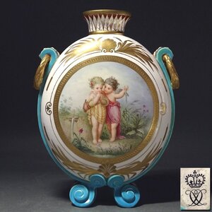 花◆1878-1890 英国【クラウンダービー(現 Royal Crown Derby)】ヴィクトリアンスタイル 金彩装飾 総手描き天使図飾壷 高さ28.7cm 化粧箱