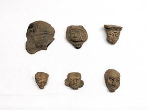 【43904】6点セット 中国 骨董品 彫刻品 土偶 土面 人物 顔 人面 置物 美術品 アンティーク レア コレクション