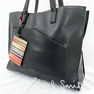 1円/極美品● ポールスミス Paul Smith トートバッグ ビジネスバッグ 肩掛け A4収納 マルチストライプ ロゴ ブラック 黒 レザー 現行