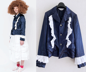 COMME des GARCONS GIRL ガール フリル装飾 ジャケット 濃紺×白 シワ加工