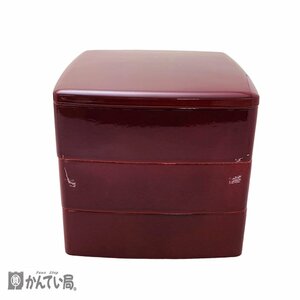 未使用 保管品 重箱 漆器 胴張 紅三段重 レッド系 お弁当箱 お重 工芸品 レッド系 縦：約16ｃｍ×横：約17ｃｍ