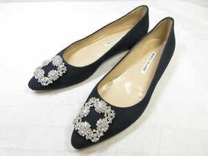 HH極美品【マノロブラニク MANOLO BLAHNIK】 キャンバス ハンギシ フラットソール パンプス 靴 (レディース) 38.5 ネイビー ■30LZ4580■