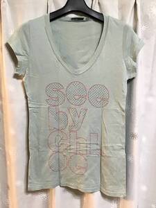 良品【SEE BY CHLOE/シーバイクロエ】レディース Ｖネック半袖Ｔシャツ/４０★グリーン系★USED