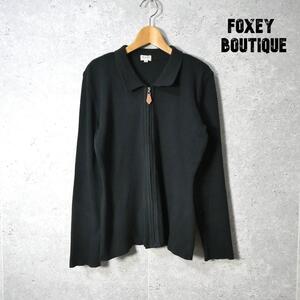 美品 FOXEY BOUTIQUE フォクシーブティック サイズ42 レギュラーカラー ジップアップ リブニット ジャケット カーディガン 黒 ブラック