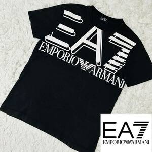 良品◎ジョルジオアルマーニ社◆エンポリオアルマーニ EA7 ビッグロゴ デカロゴ Tシャツ 半袖 黒 ブラック ストレッチEMPORIO ARMANI L相当