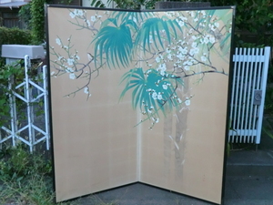 日本画屏風●棕櫚(シュロ)と梅　小原青畝画　岡山県　真作