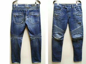 ◇即決[W31]BALMAIN 13SS 蛇腹 バイカー スキニー スリム デニム パンツ T500 B983 バルマン■5666