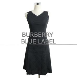 美品 BURBERRY BLUE LABEL バーバリーブルーレーベル サイズ38 ノバチェック柄 Aライン ノースリーブ フレアワンピース 黒 ブラック