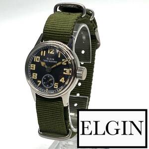 ★OH済 エルジン elgin WWⅡミリタリー 1940s ビンテージ アンティーク ウォッチ 手巻き ブラック メンズ 腕時計 即納 ナイロン 高級品