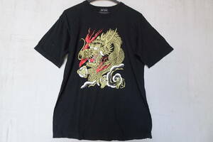 Japan Shine/ジャパンシャイン/半袖Tシャツ/フロントプリント/龍/ドラゴン/ゴールドラメカラー/渋い/黒/ブラック/Mサイズ(7/28R)