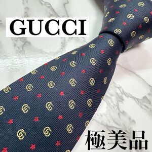 未使用級 現行タグ 人気 GUCCI ネクタイ シルク100% GG柄 マーモントG GGスター 蜂 ビー ソーホー ナロータイ 刺繍 ダークネイビー 送料込