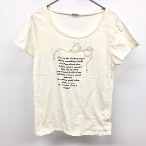 テチチ Te chichi 若干薄手 Tシャツ カットソー リボンとビーズデザイン プリント 英字 文字 半袖 綿100% アイボリー 生成り レディース