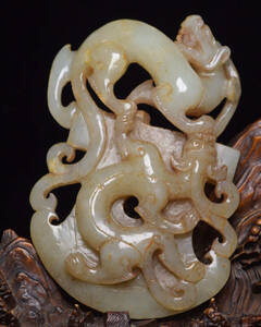 ▽鴻▽ 和田玉製 細密彫 府上有龍 置物 古賞物 中国古玩 中国古美術 送料無料