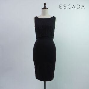 美品 ESCADA エスカーダ ドッキング 花柄ジャガードタイトワンピース ノースリーブ 裏地なし レディース 黒 ブラック サイズ32*PC109