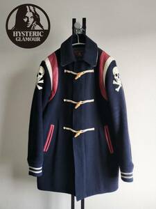 HYSTERIC GLAMOUR/ヒステリックグラマー/レザー切替ダッフルコートスタジャン/ウール/羊革/肉厚/スカルレザーロゴ/裏地中綿キルティング