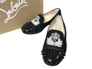 (D) Christian Louboutin クリスチャンルブタン INTERN FLAT PATENT 35 ブラック スエード スパイク スリッポン フラットシューズ