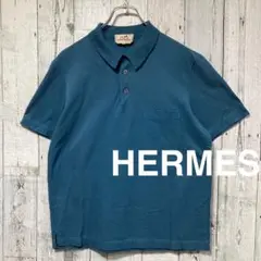 HERMES エルメス H 刺繍　ロゴ M ブルー ポロシャツ コットン