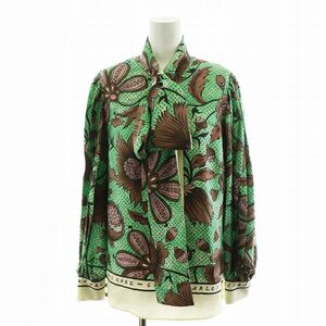 グッチ GUCCI シャツ ブラウス 長袖 ボウタイ 花柄 シルク 絹 40 S 緑 グリーン 茶 ブラウン 白 ホワイト 545401 /AN28 レディース