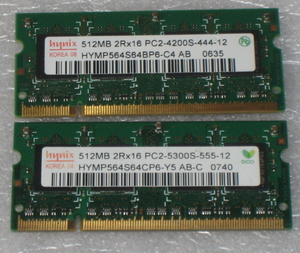 ノート用メモリ03 SK hynix 512MB 2RX16 pc2-4200s-444 2枚