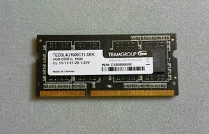 Team ノート用低電圧メモリ PC3L-12800S (DDR3L-1600) 4GB SO-DIMM 204pin TED3L4G1600C11-SBK【ジャンク？・送料込み】