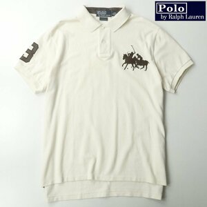 美品 POLO BY RALPH LAUREN ラルフローレン 牛革 部分レザー 鹿の子 ビッグポニー刺繍 半袖ポロシャツ クリーム L【参考価格￥26,400-】