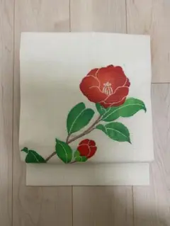 名古屋帯 椿の花 刺繍 木綿 カジュアル セミヴィンテージ