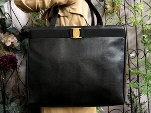 ●超美品●Salvatore Ferragamo フェラガモ●ヴァラ●リザード 型押し レザー 本革●トート バッグ●黒●G金具●肩掛け●A4 書類●Js53027