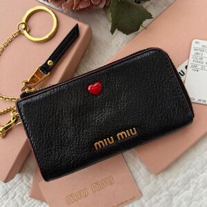 美品■MIUMIU ハート マドラスラブ キーリング コインケースコンパクトウォレット　ブラック　5MC036