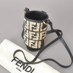 未使用 FENDI フェンディ ズッカ ボトルホルダー ショルダーバッグ ラフィア ストロー レザー ブラック 7AR972 かごバッグ 鞄 d.k/c.c