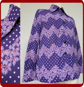 古着♪レトロ・Vintage紫花柄モッズシャツ♪柄シャツ70s60s70年代60年代昭和レトロ大きめヴィンテージアンティーク個性的長袖春即決