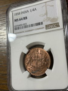 1858年 インド クォーターアンナ（1/4アンナ） India 1/4A MS64 RB NGC アンティークコイン モダンコイン 銅貨 希少