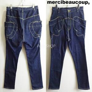 即決★ 送料無★ メルシーボークー　サルエルデニムパンツ　【M】　強ストレッチ　テーパード　蝶　濃藍　Sz.1　mercibeaucoup　I201