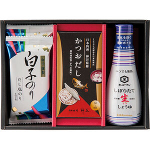 和の調味料詰合せ 白子のりだし塩のり(8切5枚)×2、キッコーマンしぼりたて生しょうゆ(200ml)・かつおだし(4g×8袋)×各1 B1048557