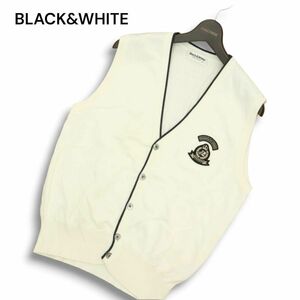 BLACK&WHITE ブラック＆ホワイト 通年 ロゴ エンブレム ワッペン★ コットン ニット ベスト Sz.M　メンズ 白 ゴルフ 日本製　A4T08757_8#O