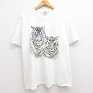 XL/古着 半袖 ビンテージ Tシャツ メンズ 00s ホワイトタイガー ラメ 大きいサイズ コットン クルーネック 白 ホワイト 24aug05 中古