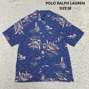 POLO RALPH LAUREN ポロ ラルフローレン ヨット柄 レーヨン アロハシャツ オープンカラーシャツ 半袖 開襟 春夏 サイズM ネイビー