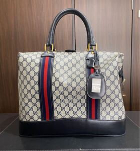 希少　極美品　GUCCI グッチ オールドグッチ ヴィンテージ シェリーライン GGロゴ レザー ボストンバッグ ネイビー　鍵付き イタリア製