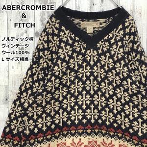 ABERCROMBIE & FITCH アバクロ ノルディック柄 ヴィンテージ レトロ Mサイズ ウール100% 肉厚 Vネック ニット セーター 90s