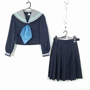 1円 セーラー服 スカート スカーフ 上下3点セット 160A カンコー 冬物 白3本線 女子 学生服 岡山高屋中学 紺 制服 中古 ランクC EY9882